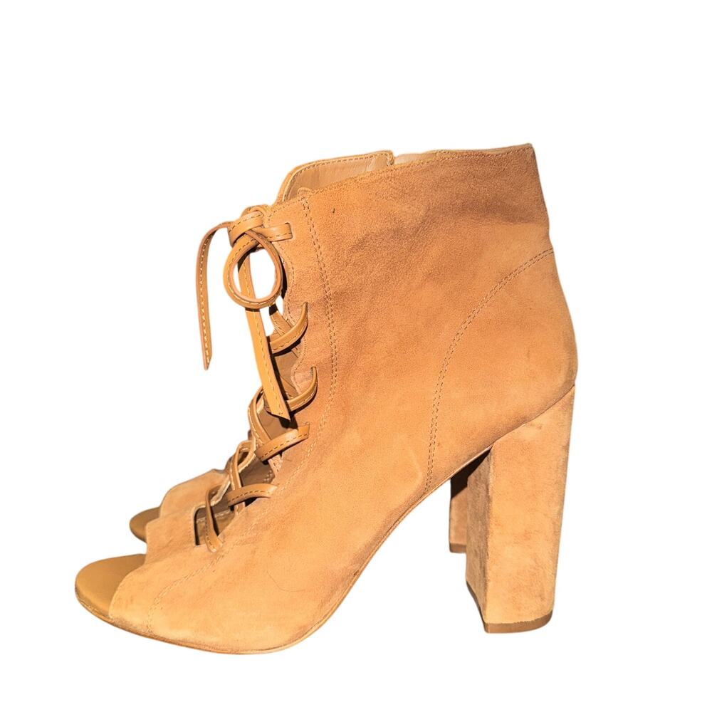 Sam Edelman Yvie Lace Up Sandals Women's Size 9.5 Tan Suede Heel Shoes Side Zip